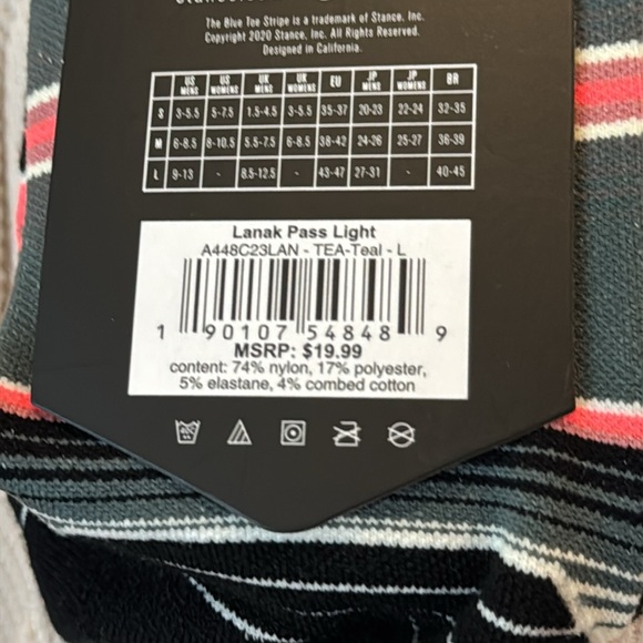 STANCE MEN’S PERFORMANCE CREW HEIGHT FRESHTEK W/INFIKNIT SIDE LG LANAK PASS NWT - Picture 4 of 4
